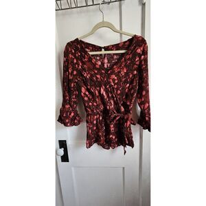 Free People Boho Floral Wrap Tie Trumpet Sleeves Blouse Tunic Top S/XS‎